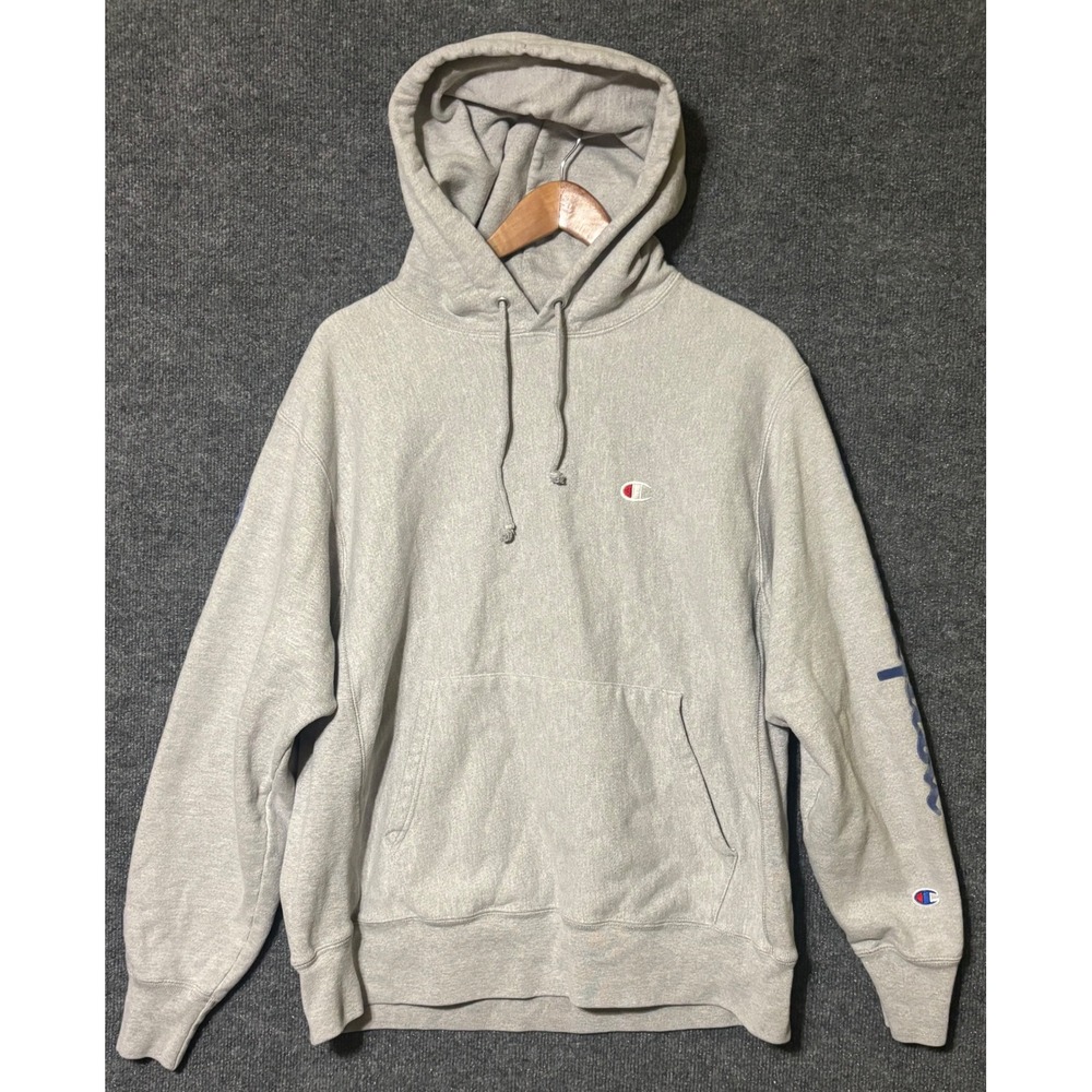 Champion‎ Mens Large Hoodie Gray Reverse Weave Sleeve Script Logo Embroidered